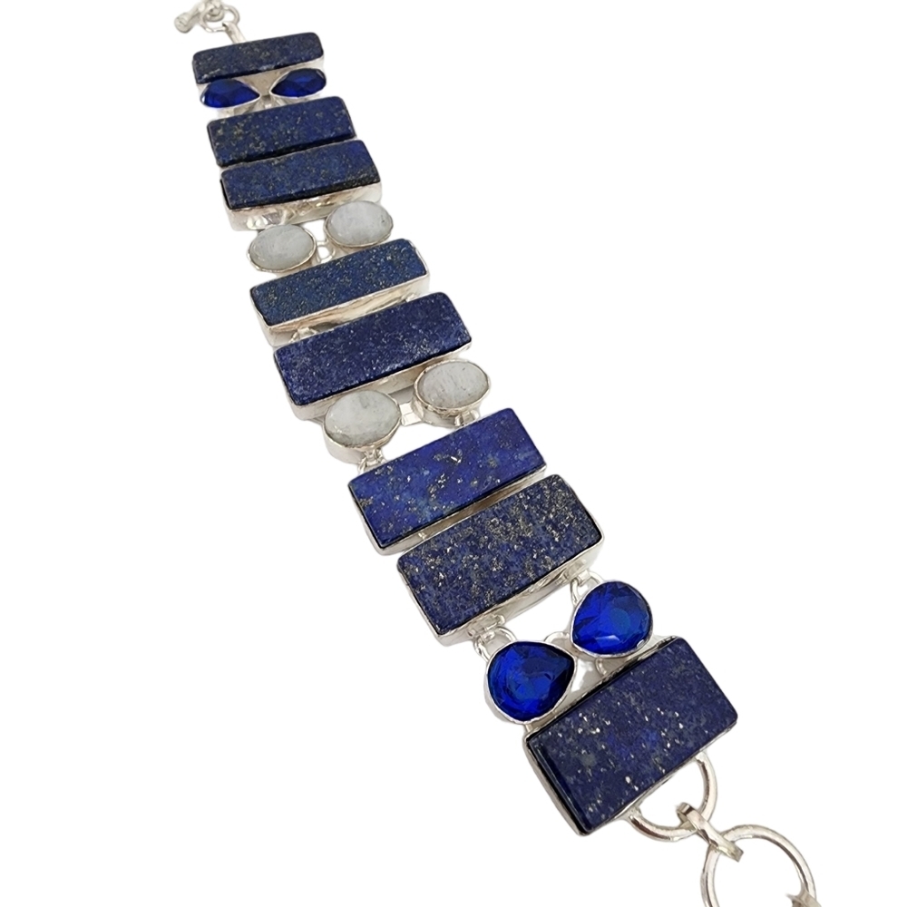 Lapis moonstone bracelet silver gemstone bracelet - statement chunky Q06